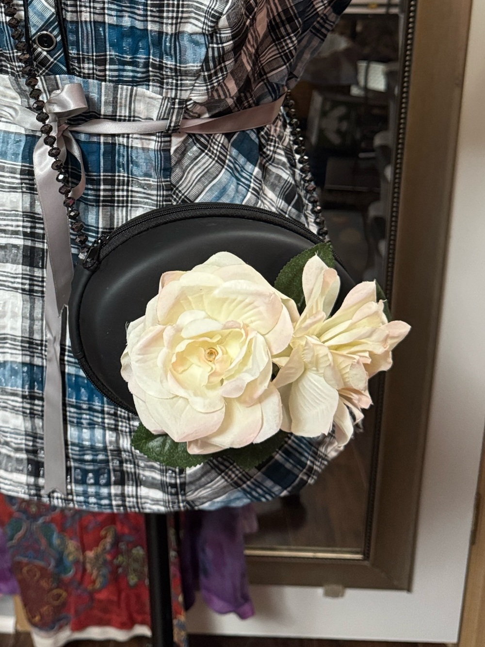 Black Crossbody Bag with Cream Floral Appliqué - Women